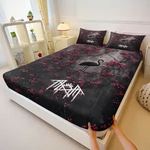 Whimsical Sleep Token Fitted Sheet Set,Dark Blossom & Flamingo Design,Includes 1 Bed Sheet and 2 Pillowcases,All Seasons Washable Fabric,Rock Fan Bedroom Decor Essential,Decorative Bedsheet Sets