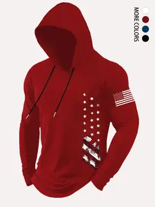 Men's Trendy Hooded Long Sleeve T-Shirt, Flag Print Casual Top, Spring & Fall Fashion, Daily Wear, Graphic Pattern