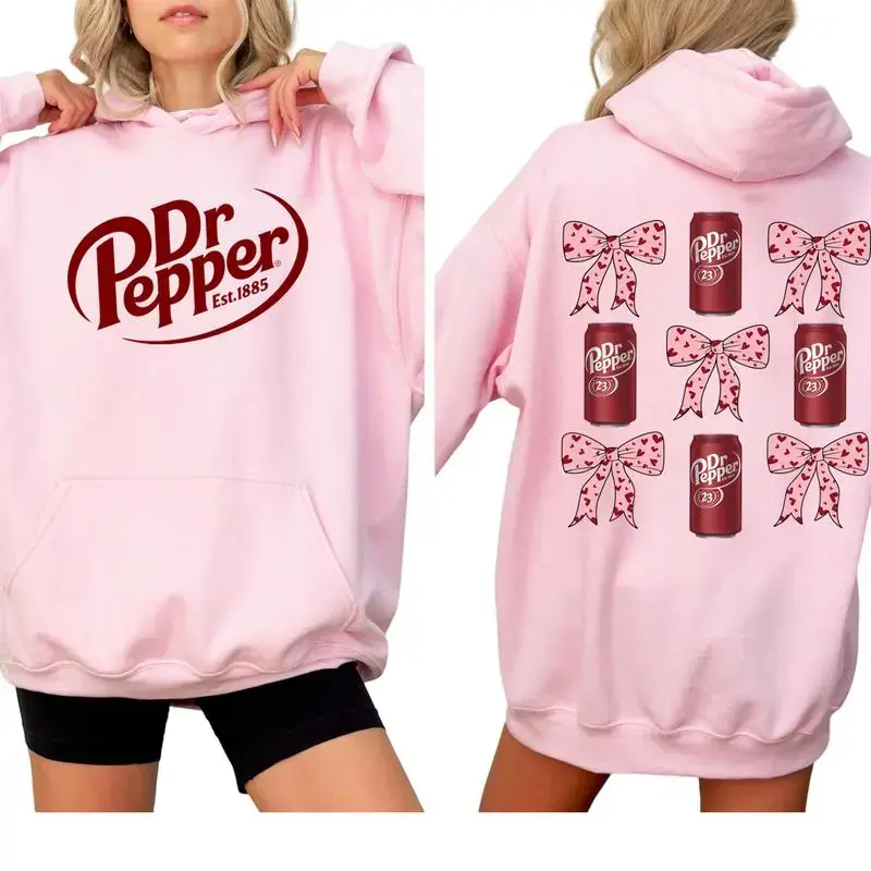 Dr Pepper Coquette Bow Pink Hoodie, Retro Soda Dr Pepper Hoodie, Casual Classic Cotton Crewneck Graphic Shirt, Full Size, Full Color, For Men, For Women