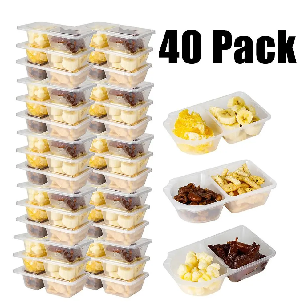 20/40 pcs reusable portion control food storage boxes with lids, dual compartments; portable plastic holders for sauces and dry snacks; suitable for camping and takeaway; safe