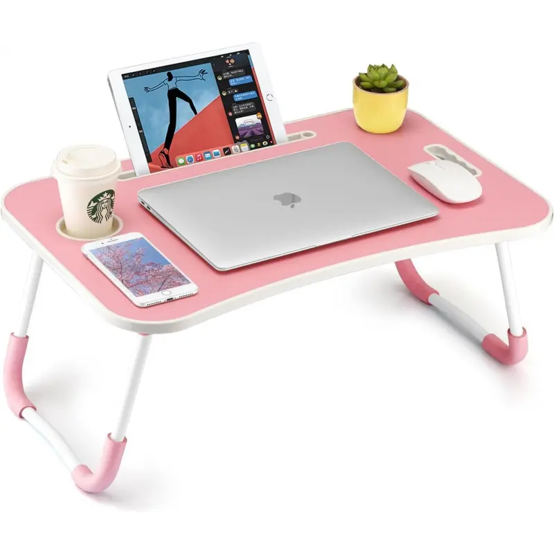 Portable Foldable Computer Desk for People - Home Supplies Lap Desk with Cup Holder, Tablet Slot, Lifting Handle, Anti-Slip Pads, Fold Design for Working, Eating (Pink)-L