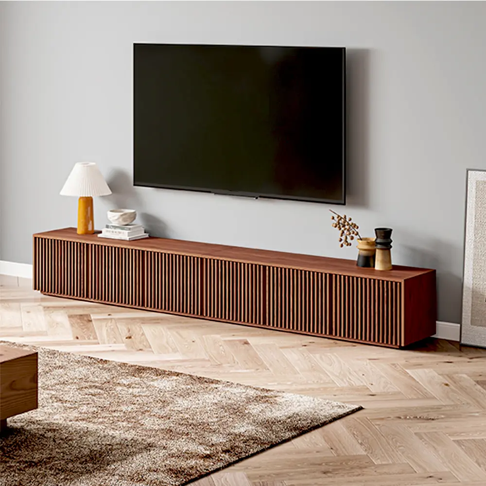 118" Modern Wood TV Stand, Minimalist Slatted Entertainment Center Media Console, Mid-Century Modern TV Console, Perfect for 100-inch TVs