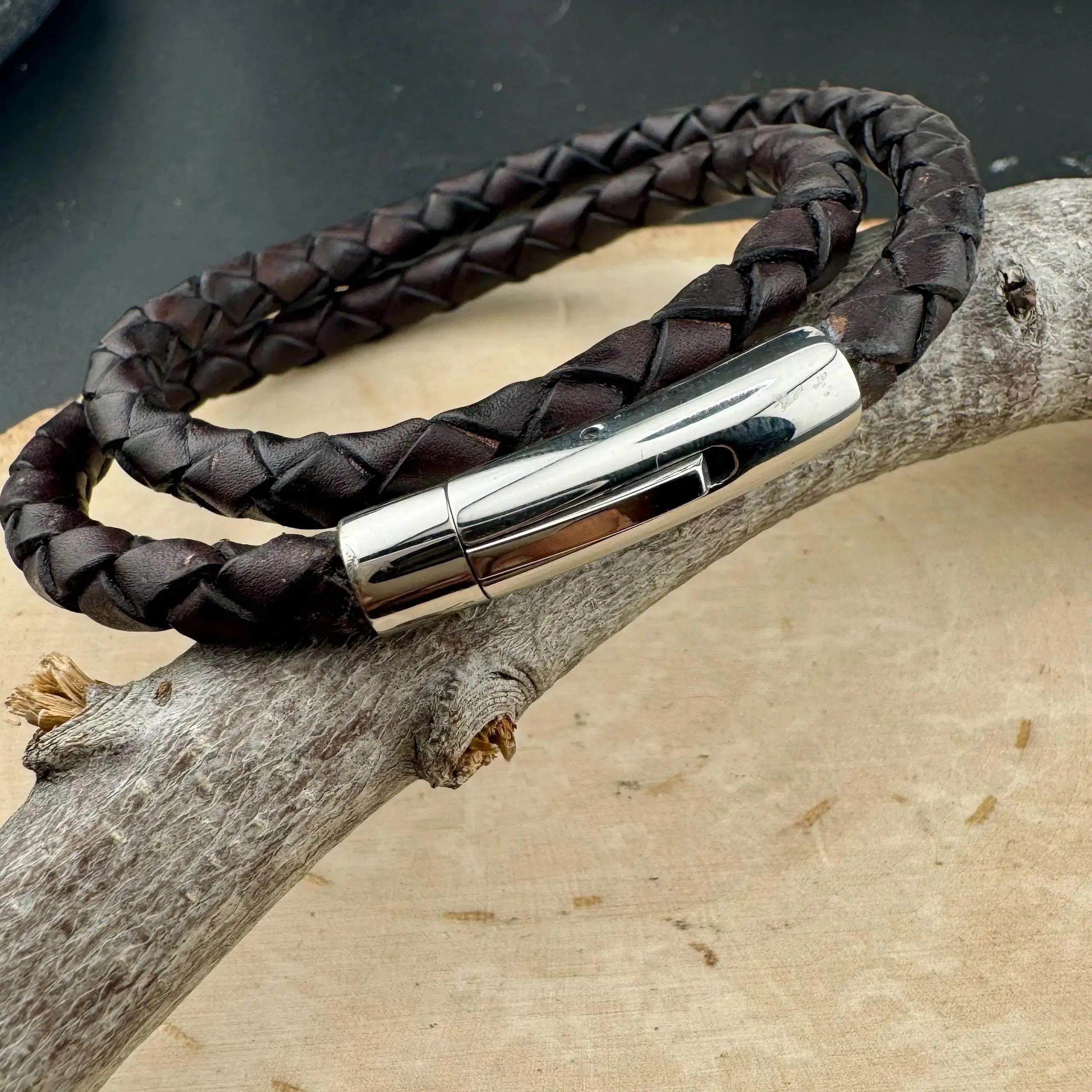 Double Wrap Leather Bracelet • 5mm Braided Leather • Bayonet Clasp