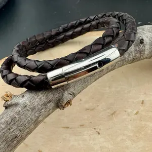 Double Wrap Leather Bracelet • 5mm Braided Leather • Bayonet Clasp