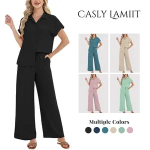 Casly Lamiit Two Piece Sets for Women Summer Beach Vacation Outfits Wide Leg Pants Set with Pockets Holiday Resort Wear