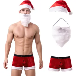 Men's Christmas Boxer Briefs Set, Sexy Santa Costume, Xmas Outfit Lingerie with Hat and Fake Beard