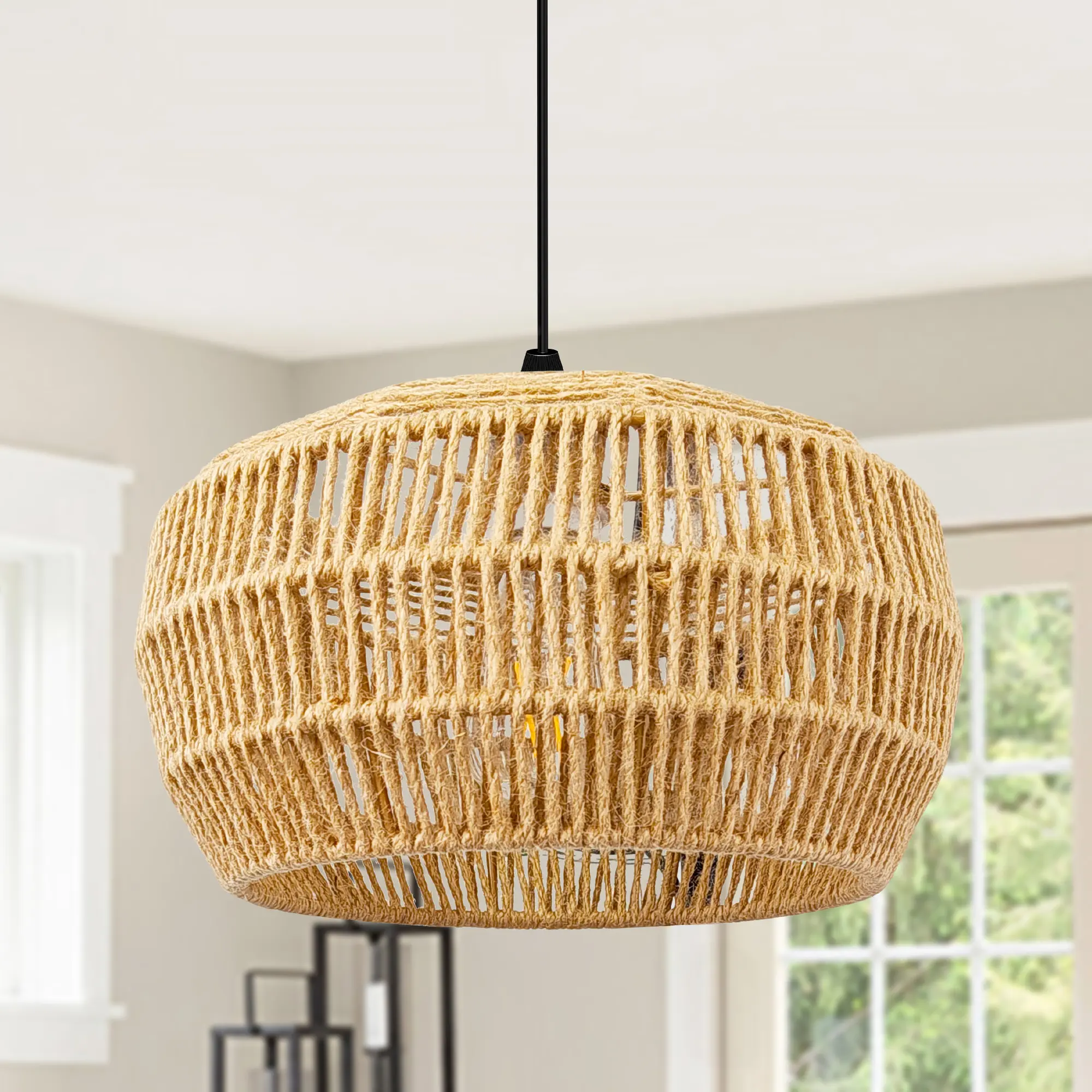 Handmade Hemp Rope Ceiling Light, E26 Base Rustic Flush Mount Indoor Light Fixture, Elegant Woven Natural Fiber Ceiling Lamp, Boho Farmhouse Decorative Light for Bedroom, Living Room, Hallway, Dining Room