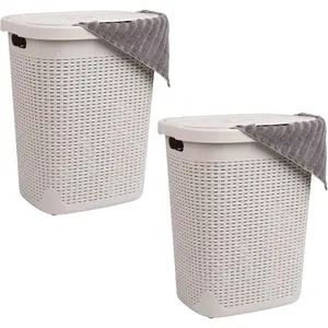 50L Slim Laundry Hamper, Set of 2, Clothes Basket, Lid, Wicker,, 17.65"L x 13.75"W x 21"H, Ivory