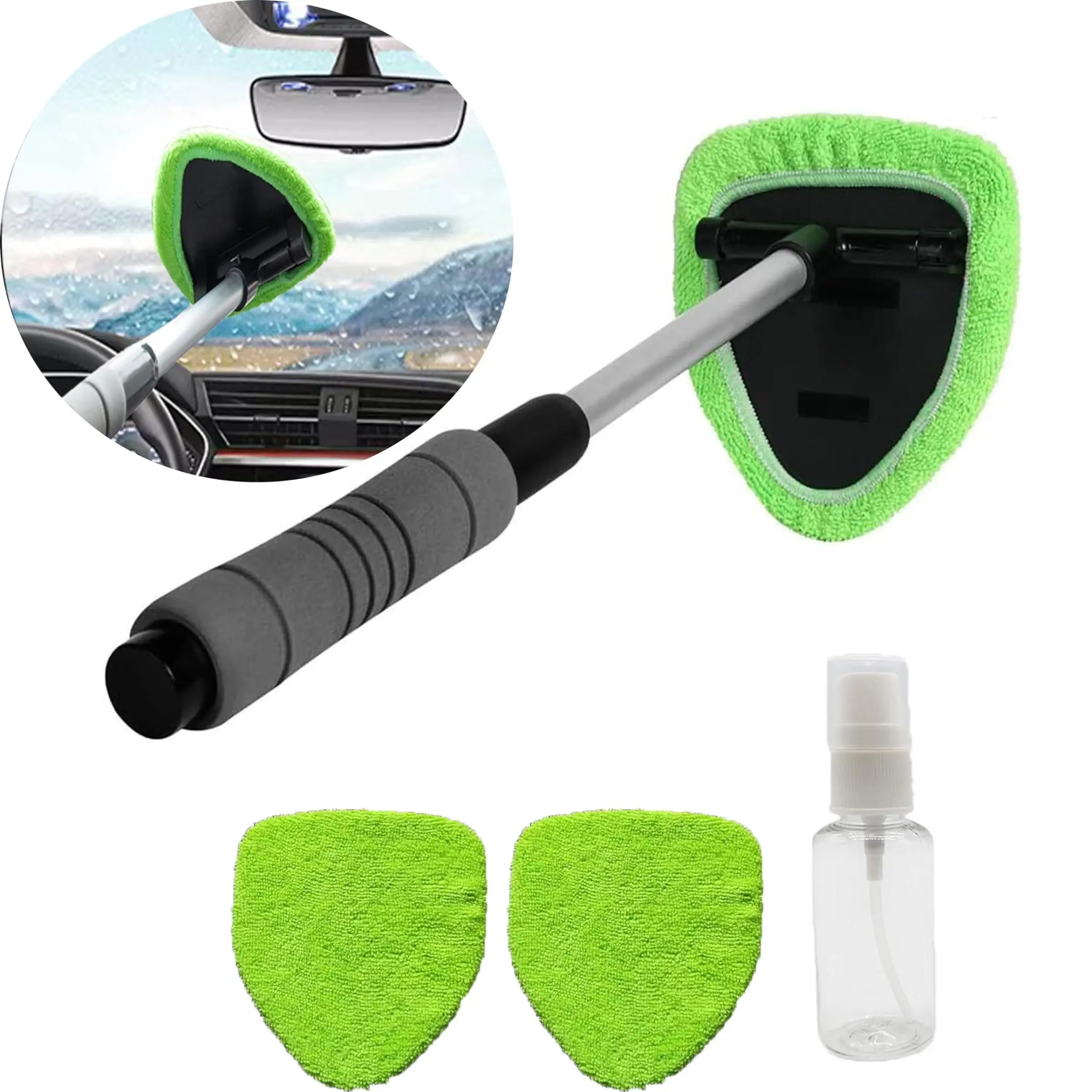 Car Window Cleaning Tool, Including Adjustable Rod + 3 Cloth + 1 Watering Can, Suitable for Vehicle, Ensuring Clear-Vision and Driving Safety, Car Acc