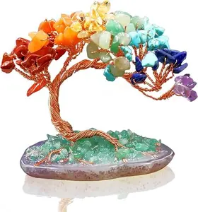 Mini Natural Reiki Healing 7 Chakra Good Luck Money Tree - Crystal Tree with Agate Base, Meditation Spiritual Decor for Good Luck, Wealth & Prosperity Reiki Life Money Tree of Love (7 Chakra)