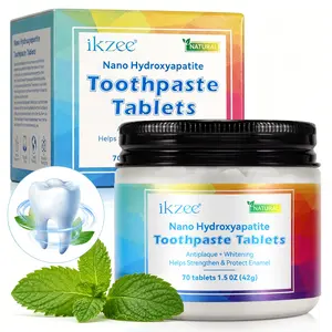 ikzee Nano-Hydroxyapatite Toothpaste Tablets, each box contains 70 tablets, remove yellow stains from teeth, protect enamel, and freshen breath. Simply spit out the tablets—no rinsing required—making them ideal for travel and daily use to keep your teeth