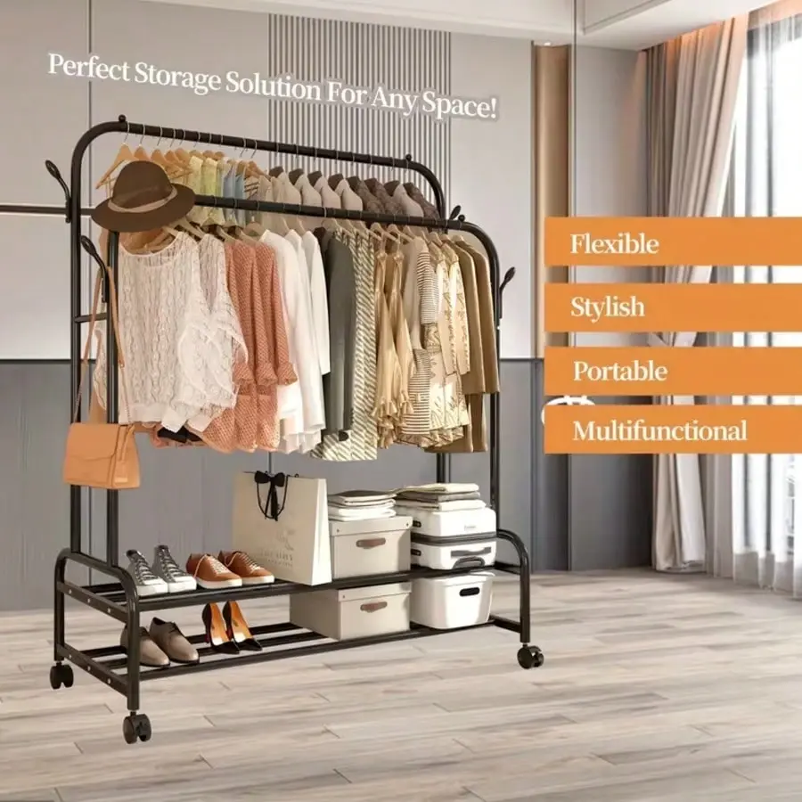LALUZ Metal Hanger Rack Double Poles Wheels Shelves Hooks Garment Storage Closet Organizer
