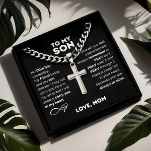 1pc "to My Son" Stainless Steel Cross Pendant Necklace, Birthday Gift, Valentine's Day Gift, Christmas Gift, with Card and Gift Box Packaging, the Perfect Gift for Loved Ones
