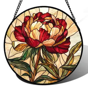 Retro Peony Stained Glass Suncatcher Window Hanging, Orange Red Flower Sun Catcher Decor Gift for Mom, Nana, Women