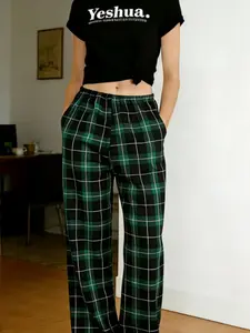 Y2K Plaid 2 Piece Set for Women, High Waist Wide Leg Pants Loungewear Set, Casual Loose Streetwear Pajama Set, 90s Retro Grunge Matching Set, Elastic Waist with Pockets, Soft Comfy Loungewear for Daily Wear & Street Style, Red Black & Green Black Plaid Av