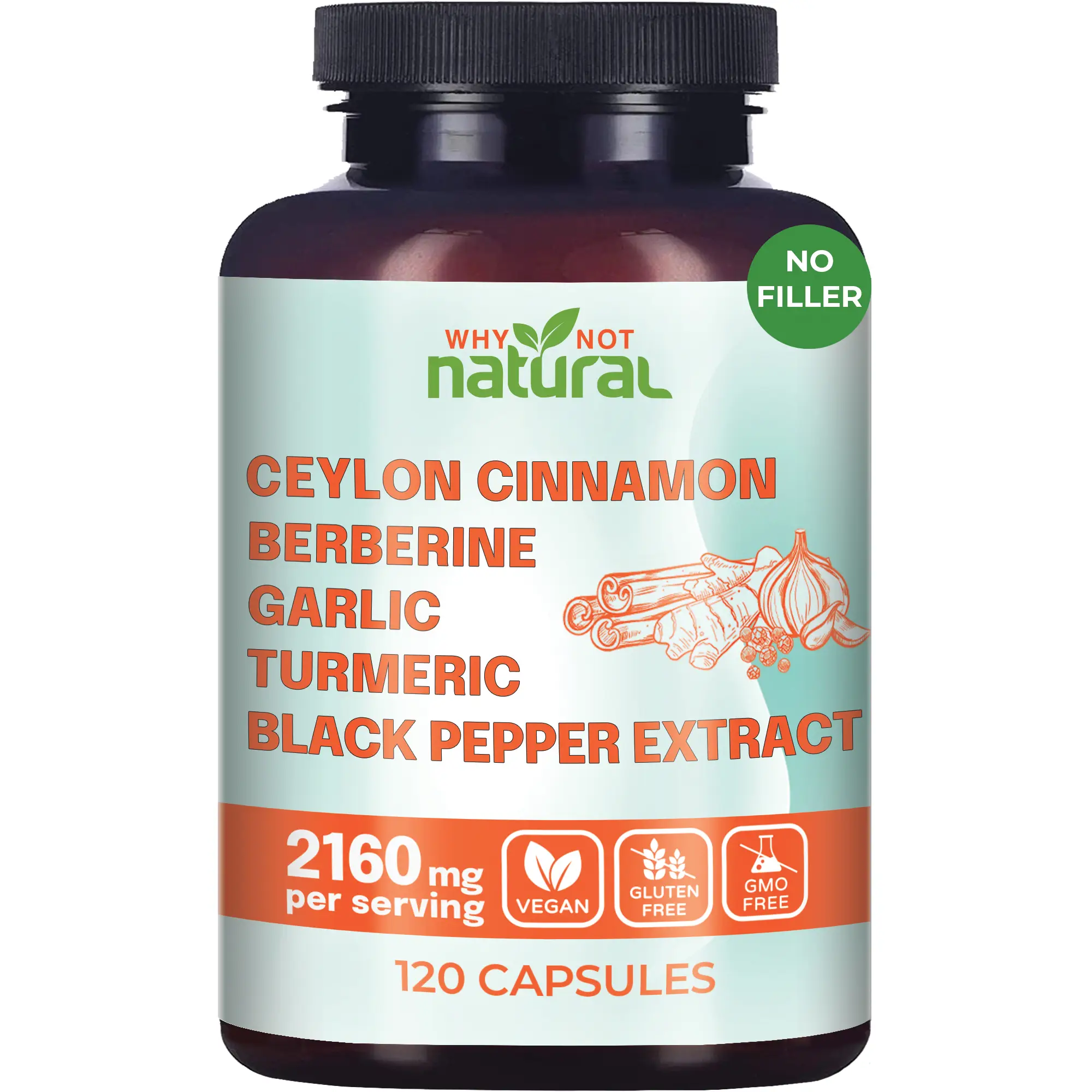 Why Not Natural 5-in-1 Organic Ceylon Cinnamon Capsules with Garlic, Berberine, Turmeric, Black Pepper Extract Pills Flavor Spice Dietary Healthcare E