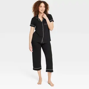 Women's Cloud Knit Short Sleeve Notch Collar Top and Cropped Pants Pajama Set - Auden