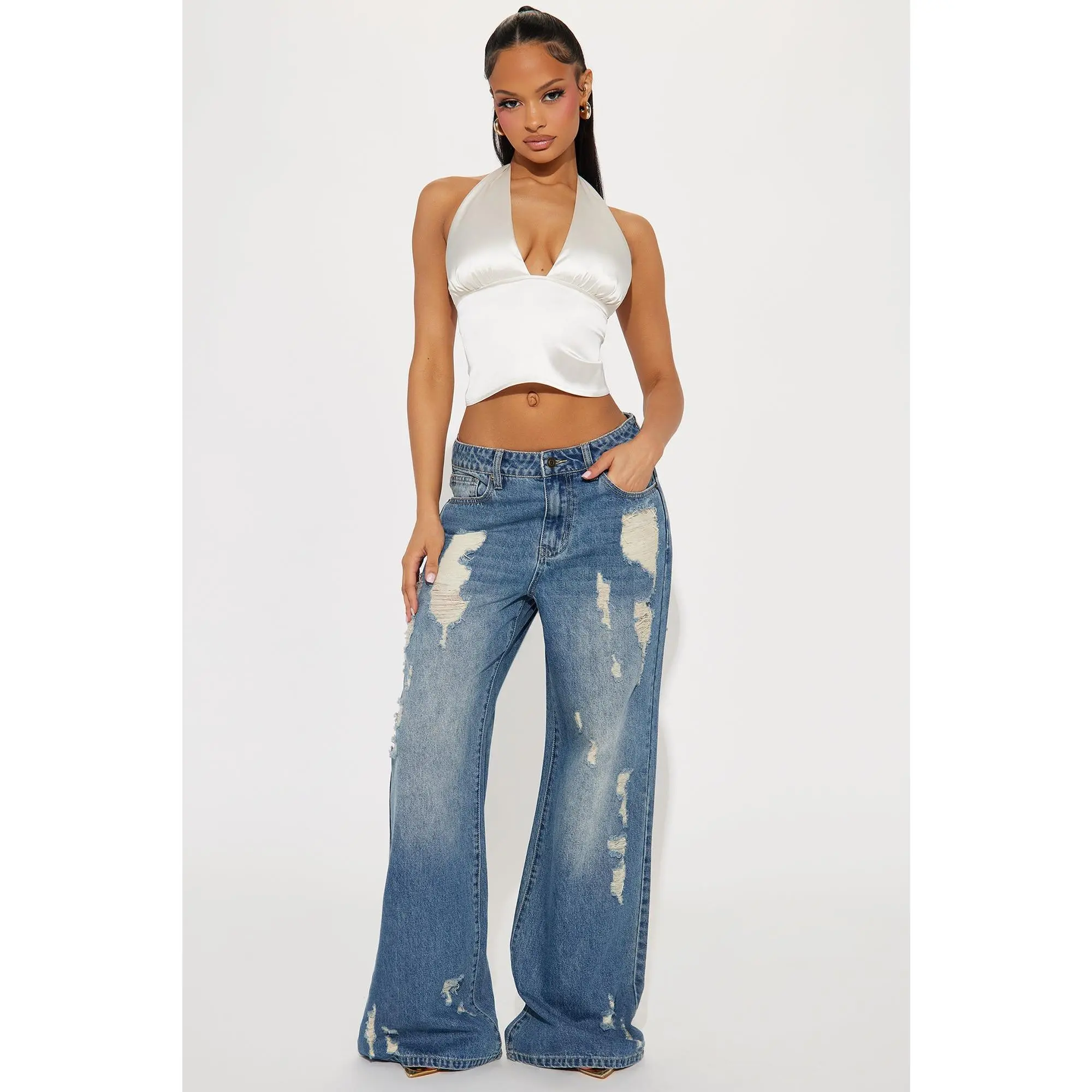 Kirbie Non Stretch Ripped Wide Leg Jean - Medium Wash