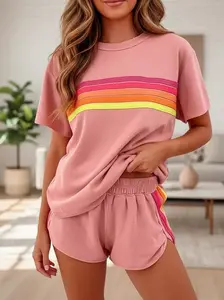 Women's 2-Piece Casual Colorblock Cozy Shorts and Top Set Sportwear- Breezy Rainbow Colorful Patterned Coordinated Loungewear, Breathable Lightweight Chic Minimalist Homewear, Pink