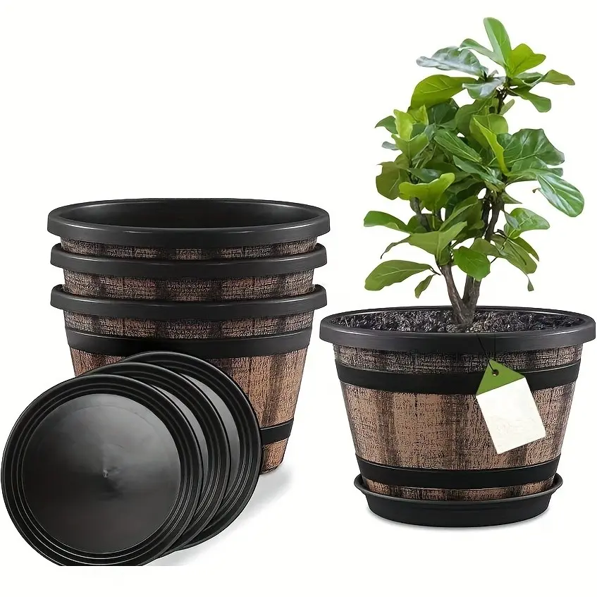 6 Piece Set 8.07 Inch Flower Pots, Vintage Whiskey Barrel Design, Plastic Decorative Planters with Drainage Holes and Trays, Indoor Outdoor Use, Decorative Garden Pots