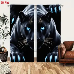 2D Flat 2-Piece Black Panther Pattern Curtain Set with Blue Eyes and Claws, Dark Fur Background with Golden Brow Accents, Long White Whiskers, Solid Black Decorative Drape for Living Room Bedroom, Dramatic Intense Design Privacy Grommet Curtains
