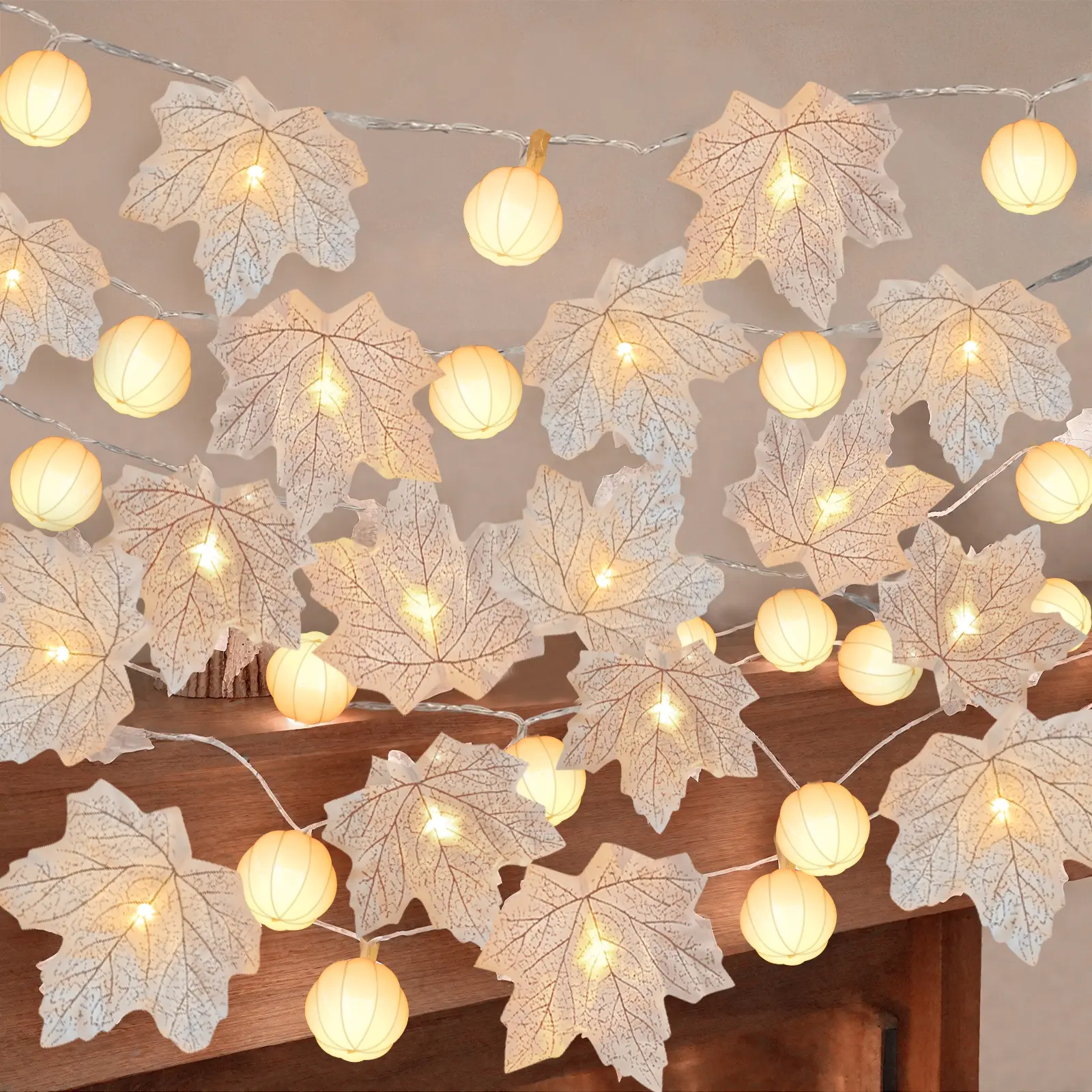 3 Pack Fall Decor Fall Garland with Pumpkin Lights&Enlarged Maples Leaves String Lights Pumpkin Decor, 60LED Waterproof Battery Operated Halloween Thanksgiving Fall Decorations for Home Outdoor Indoor