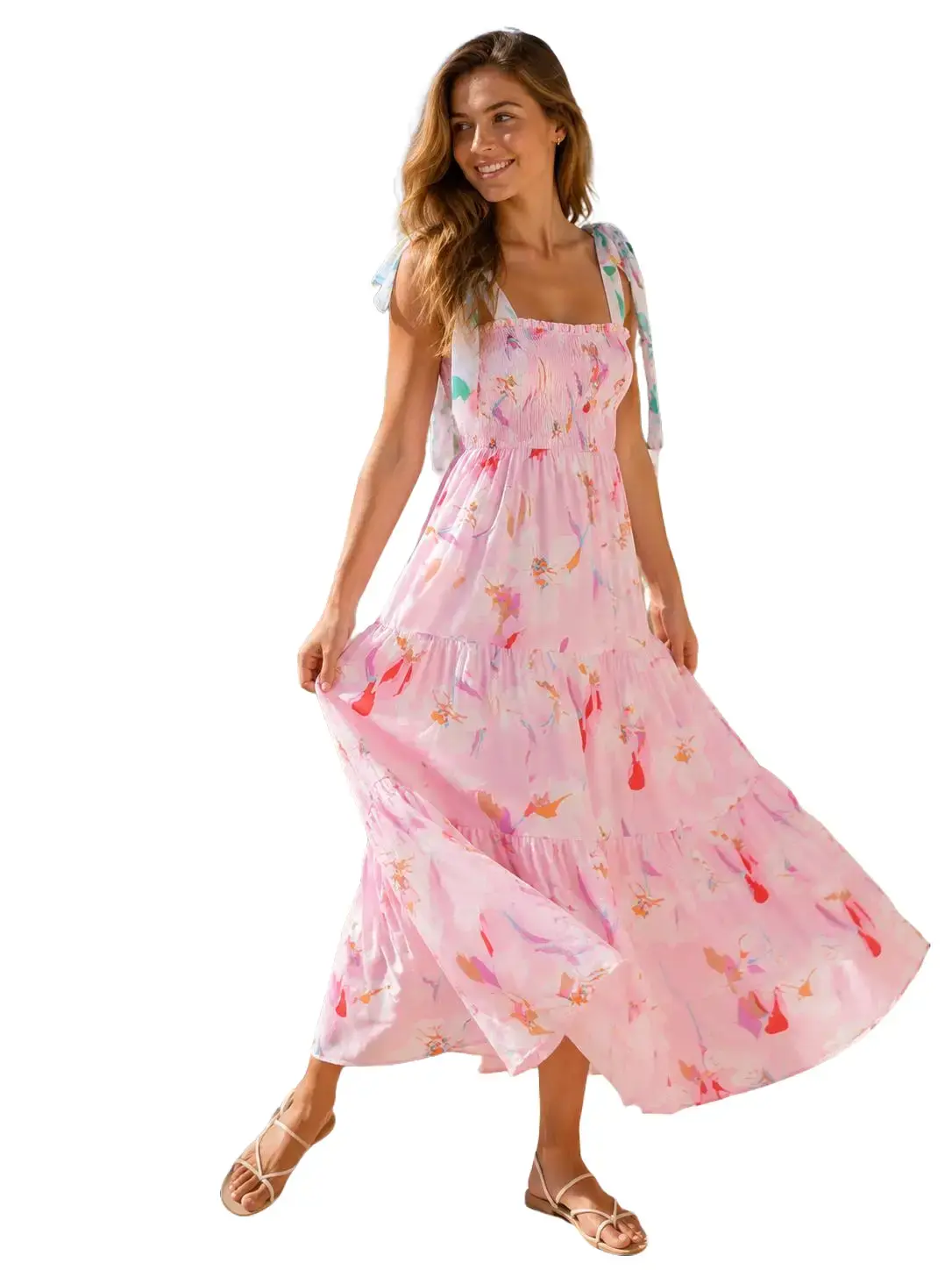 Women's Romantic Floral Maxi Dress, Elegant Smocked Waist Dress with Adjustable Knot Straps, Summer Vacation Wedding Guest Dress