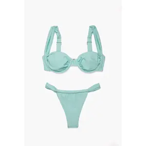 AZUL DEMI Baby Blue Demi Cup Bikini Set with Underwire Lift Thick Straps & High-Cut Bottoms for Elongated Silhouette