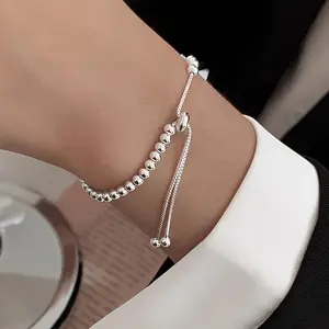 Adjustable Silver Color Beaded Drawstring Bracelet for Women, Perfect Holiday Gift, Valentine's Day Present, Stylish Accessory