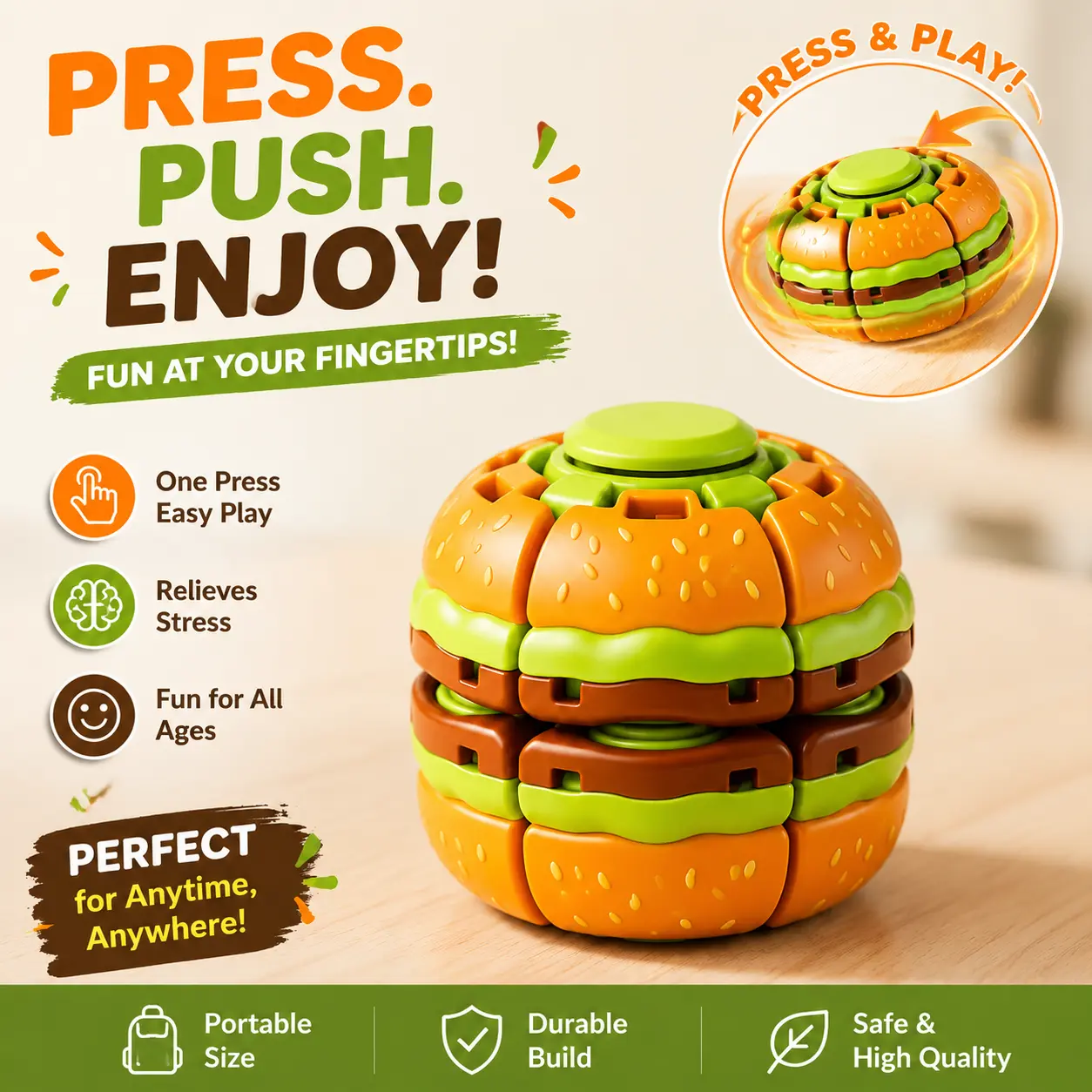 Funny Burger Fidget Toy, One Press Endless Fun Sensory Toy, Portable Stress Relief Desk Toy for Kids Teens Adults