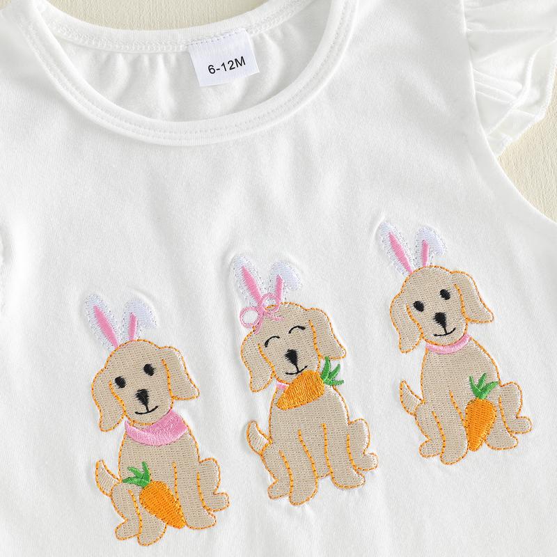 Little Kids Toddler Baby Girl Easter Outfit Fly Sleeve Dog Embroidery Shirt Top Stripe Shorts Set Summer Clothes
