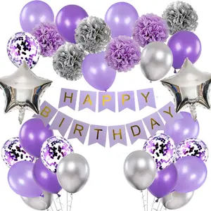 Birthday Decorations for Girls Purple and Silver Lavender Party Decor Kit for Her Women Including Happy Birthday Banner Pompom Flower Foil Balloons Confetti Latex Balloon Ribbons