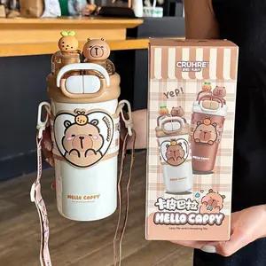 Capybara Children's Straw Insulated Cup for Kids 316 Stainless Steel Cartoon Double Drinking Diagonal Cross Travel Water Bottle