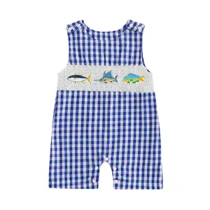 Imcute Baby Boy Summer Clothes Sleeveless Embroidery Fishing Gingham Romper Jumpsuit Retro Smocked Shortall