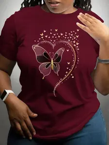 Women's Plus Size Heart Butterfly Print Round Neck T-Shirt, Casual Short Sleeve Top, Spring Summer Fashion, Long Clothing, Fitted