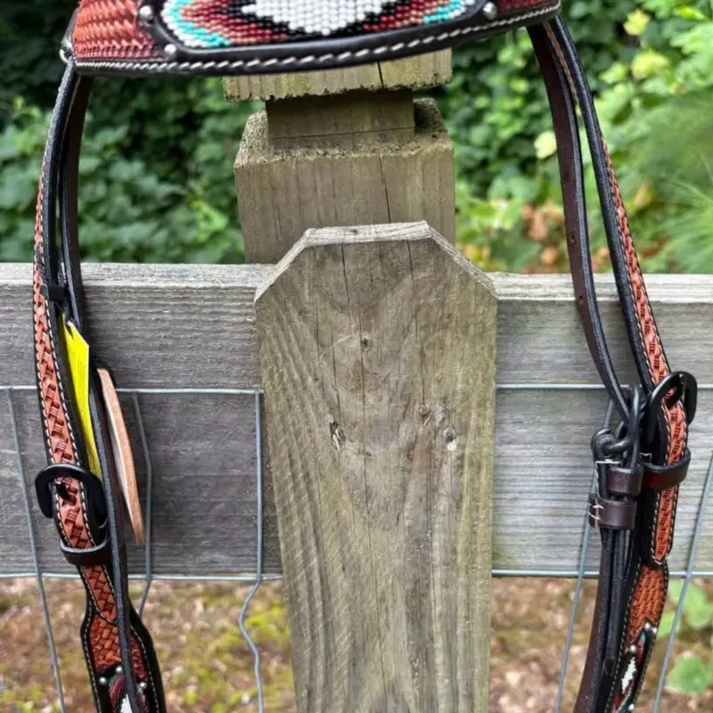 Basketweave Tooled Beaded Leather Western Browband Headstall Horse Size