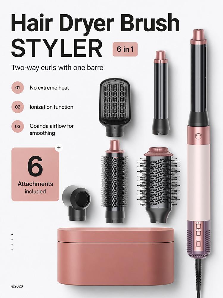 6-in-1 Hot Air Comb - Multi-Function Hair Styling Tool with Automatic Hair Suction, Curling, High-Speed Brushless Motor, Plasma Technology, Straightening for Men & Women, Family Use, Holiday Gift Option Smooth
