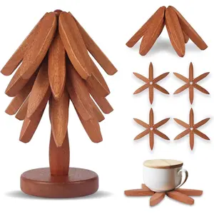 Wooden Tree Trivet Set - 4 Heat-Resistant Sapele  Trivets with Stand for Hot Pots and Pans, Kitchen Countertop Protection, Christmas Tree Design Wooden Pot Holders
