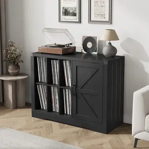 Garvee Modern Record Player Stand, Farmhouse Turntable Storage Cabinet with Barn Door, Wooden Vinyl Storage Console for Living Room, Black