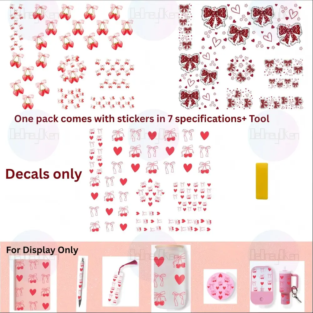 UV DTF Decorative Sticker Set, Cherry & Bow Theme, Includes Cup Sleeve, Notebook Cover, Keychain, Spray Bottle Cap, Pen Case, Bookmark, Sticker Pack, Art Stickers, Cute Stickers, Aesthetic Stickers, Stickers For Scrapbooking, Sticker Collage Pack