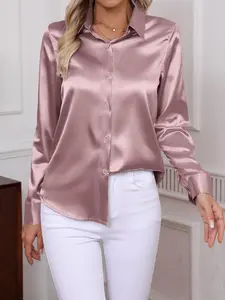 Women's Plain Satin Fitted Woven Shirt Blouse, Elegant Long Sleeve Button Top for Work Office Business, Ladies Clothes for All Seasons, Womenswear