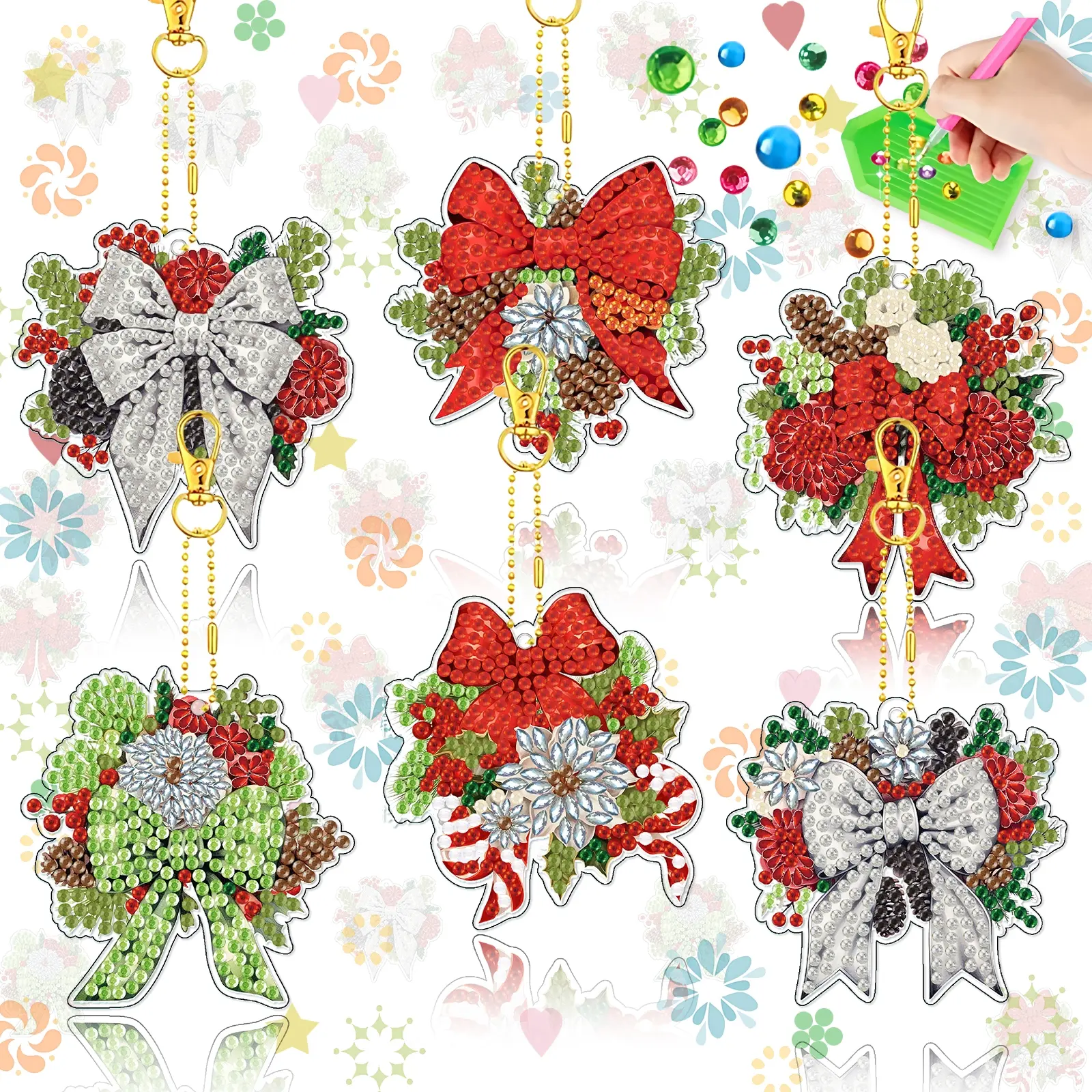 6-Piece DIY Diamond Painting Keychain, Christmas 5D Diamond Art Ornament, Includes Keychain and Tool Kit, Handmade Art Decorations, Craft Kit Suitable for Adults, Holiday Decorations