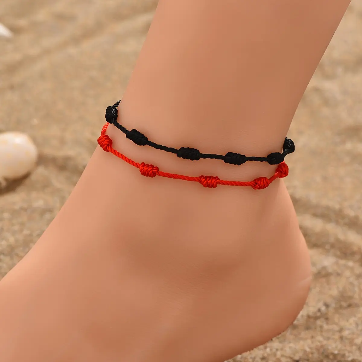 2 Pcs Braided Knot Anklet Set for Women Men Red Black Adjustable Boho Beach Summer Vacation Casual Daily Wear Couple Matching Foot Jewelry Birthday Anniversary Gift Fashion Accessory