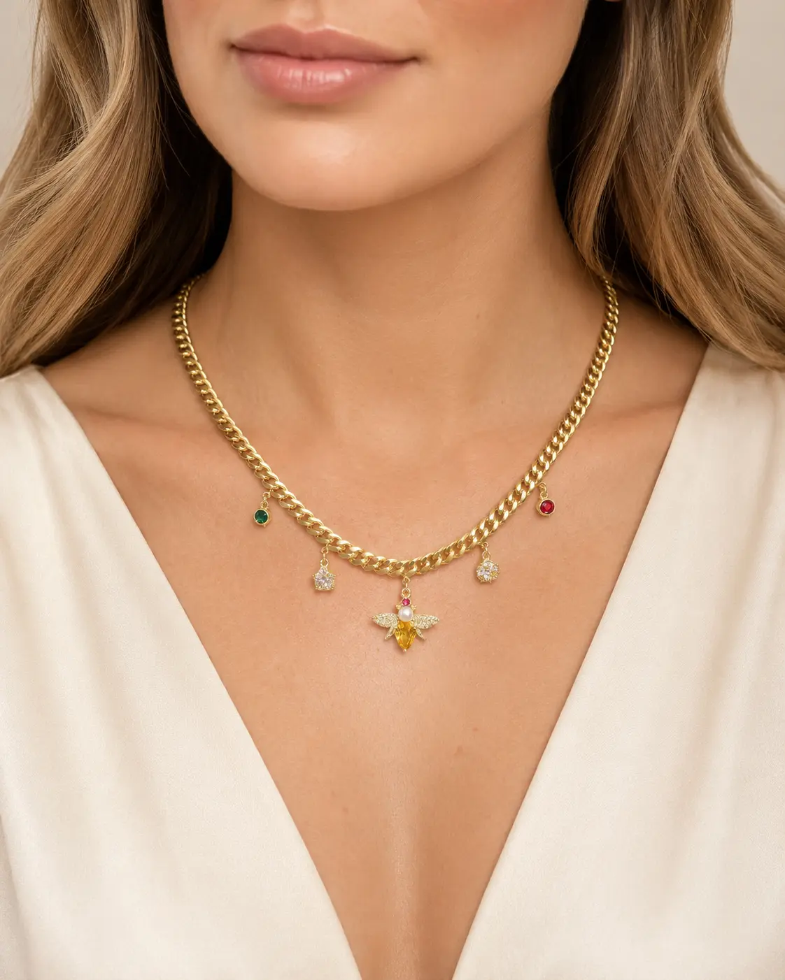 Women's Decorative Charm Necklace, Gold Chunky Chain & Link Statement Piece with Colorful Crystal Accents and a Pearl Bee Pendant, Statement Pieces, Bling Necklace, Decorative Necklace