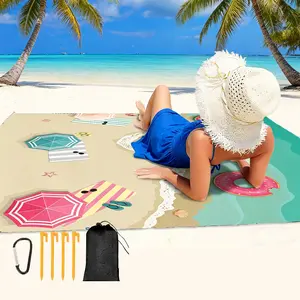 Large Sandproof Waterproof Beach Blanket, 210x200 cm (4-6 People) Foldable Camping Outdoor Mat with 4 Fixed Nails for Beach, Picnic outdoorfun