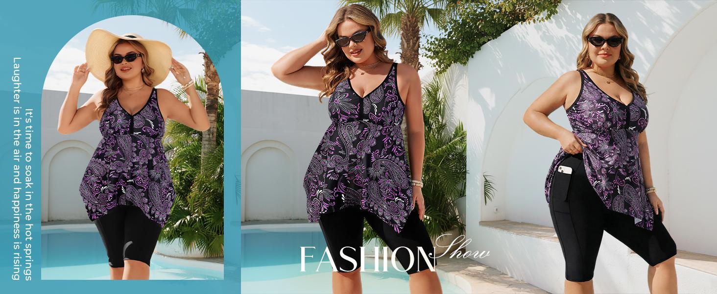 Hanna Nikole Women Plus Size Tankini Swimsuit 2 Piece Bathing Suits with Pockets Flowy Rash Guard Swimwear with Capris Shorts