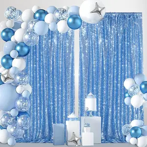2Pcs-4ftx8ft Baby Blue Shimmer Sequin Backdrop Curtains Blue Glitter Photo Backdrop for Wedding Birthday Parties Wall Decoration Shiny Round Banners Ornaments