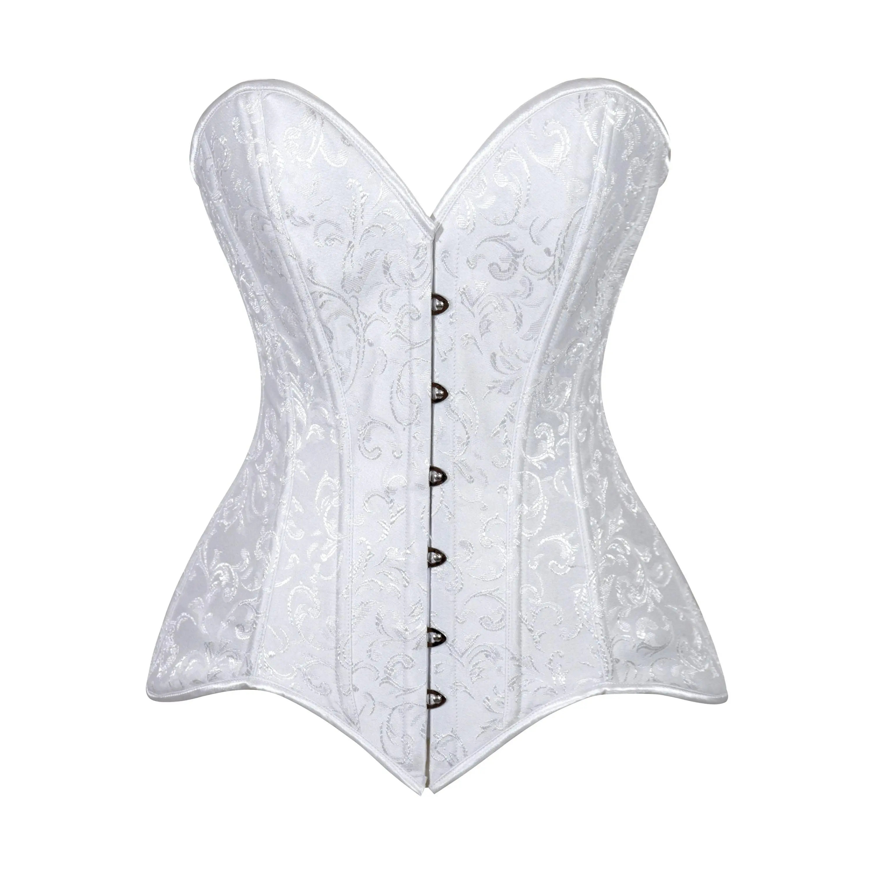 Lavish White Brocade Overbust Corset W/Busk Closure