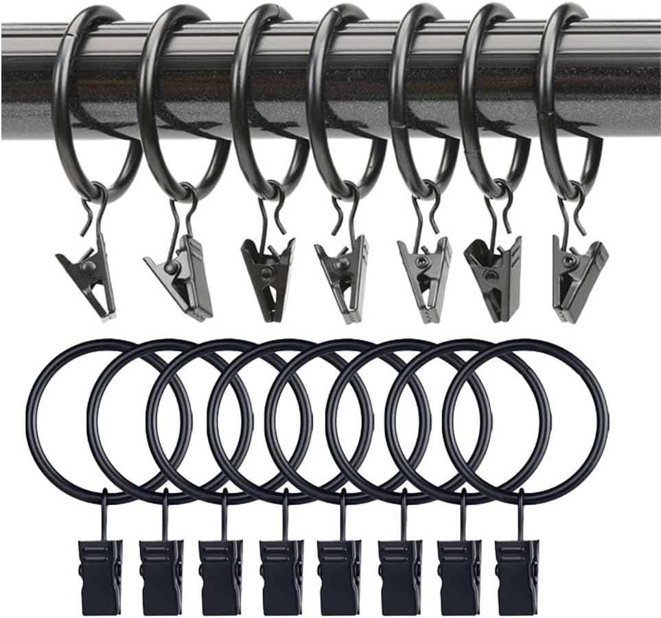 12/24/36 Pack Black Metal Shower Curtain Rings with Clips 1.26 Inch (3.2 cm) Interior Diameter, Fits up to 1.2 Inch Rods, Heavy-Duty Rustproof Decorative Vintage Eyelet Hangers for Drapery, Shower Curtains, Lights, Craft Projects, and Rod Hangers