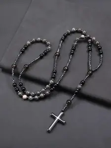 Natural Obsidian Yooperlite Rosary UV Reactive Protection Hematite Stone Cross Pendant for her, for him necklace Fashionable Collarbone Chain elegant rhinestone gift sparkly Adjustable Heart Rate Couples Set Day woman party Daily Bible Verse daughter